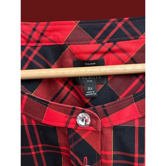 NWOT Talbots Red Plaid Rhinestone Button Front Tunic Blouse Classic Preppy 3X - Picture 3 of 6